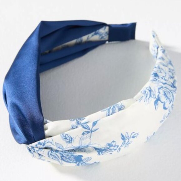 Anthropologie Half-Twist Fabric Hair Band Blue Floral Two-Tone - Picture 1 of 1